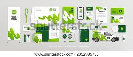 Editable vector Brand Identity concept of stationery Mock-Up set with green and white abstract graphics design. Branding stationery mockup template of File folder, annual report, van car, AD banner