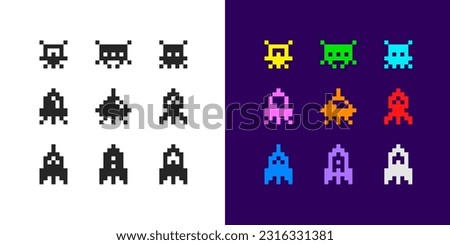 Vector Pixel Art 8-bit space arcade style poster with colorful retro video game icons set of ufo aliens and spaceships 