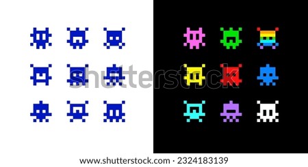 Pixel Art Icons for space arcade game. Simple space pixel icons and symbols for print dsgn. Funny UFO aliens and robots in 8-bit retro game style. Vector illustration Isolated on white background