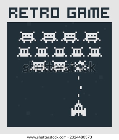 Geek Poster Space Arcade in 8-bit retro video game style.  Simple game of flat pixel graphics isolated vector illustration
