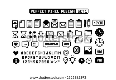8-bit Game pixel graphics icons Set 1. Perfect pixel icons of, dialog bubbles, pixel font. Office organizer icons set of folder, document, task, letter envelope. Retro Game art. Isolated vector