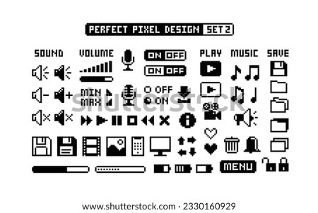 8-bit Game pixel graphics icons Set 2. Perfect pixel icons of, media player buttons, computer icons, music notes, sound volume, scale, media. Retro Game art. Isolated vector