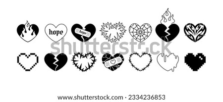 Y2k Gothic Punk Hearts tattoo art stickers set 2. Vector black hearts with barbed wire, fire, hope, love. Neo tribal style heart tattoo. Aesthetic 2000s goth girly icons