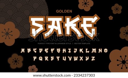 Sake - Japanese golden vector type font. Asian style type font. Golden Typography japan font. English Japanese letters. Black Japanese style abstract background with sakura flowers