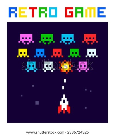 Colorful Space Arcade in 8-bit retro video game style. Simple pixel graphics game. Geek Poster with vintage computer game screen vector illustration
