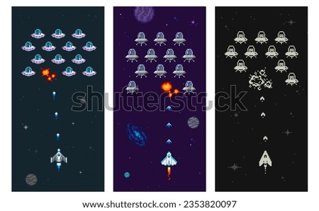 8-bit computer game space arcade in Pixel Art style. Pixelated graphics Space battle scene design. Editable Retro pixel video game elements. Vector template set