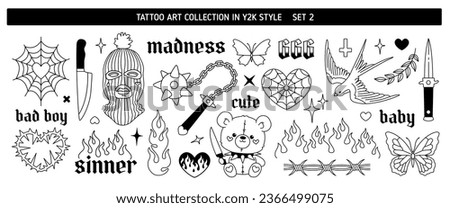 Y2k Criminal Tattoo Art design in 2000s style set 2. Y2k tattoo stickers. Knife, Balaclava mask, Sinner inscription, Butterfly, Flame, Mask, Teddy Bear, Fire, barbed wire. Vector Line art tattoo 