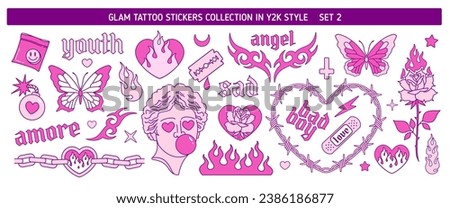 Glam tattoo art stickers in Y2k style 2. Butterfly, Rose, toy, flame, fire, barbed ware heart in emo goth 90s - 00s style . Pink neo tribal tattoo art prints in 2000s aesthetic. Vector collection