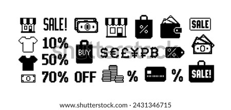 Shopping and goods Simple Pixel icon set vector template. Pixel shop or store icon. World Currency vintage pixel icons. Marketplace discount signs and icons. Retro 8-bit computer game assets