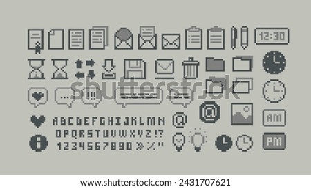 8-bit pixel graphics office icons set. Perfect pixel icons of, letter, folder, pixel font. Office organizer icons set of document, task, letter envelope. Retro game  element. Isolated vector	
