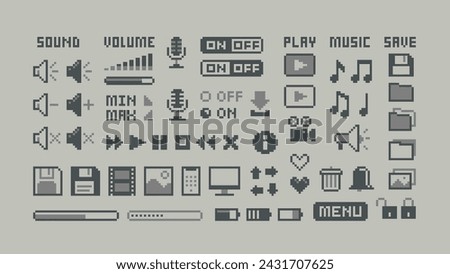 Perfect pixel icons of, media player buttons, computer icons, music notes, sound volume, scale, media. 8-bit Game icons and elements. Retro Game art. Isolated vector