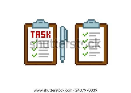 Retro Pixel Note Task List isolated vector icon set. Checklist data in pixel graphics style. To Do List icon. Clipboard icon in 8-bit retro video game style on white background