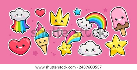 Cute Kawaii sticker collection of funny unicorn ice cream, rainbow, baby cloud, happy star, heart, cartoon crown emoti (Doodle vector pattern). Colorful kawaii elements for kids design 