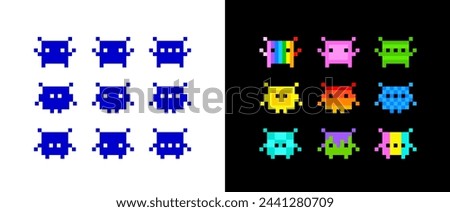 Pixel art NFT style space arcade icons and poster. Perfect Pixel Art colorful icons set in retro video game style.  Pixel NFT monsters collection isolated on white background