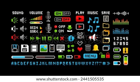 Retro Game pixel graphics icons Set 6. Perfect pixel icons of media player buttons, computer icons, music notes, sound volume, scale, media., sound wave, etc. Retro Video Game art. Isolated vector