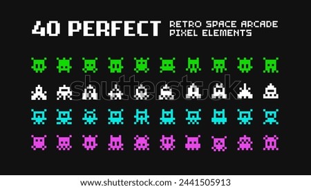 40 Pixel art icons of Retro Space Arcade Game. Simple Pixel UFO aliens and monsters vs spaceships retro video game collection. Perfect Pixel Art colorful silhuette icons set - vector pixel graphics