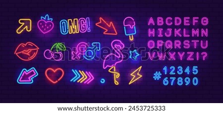 Perfect Neon Sign set 6 on brick wall background. Editable neon icons set of Ranbow glowing signs, Flamingo, Cherry, Arrow etc. Neon Font Type night sign, a glowing light banner for club or bar party