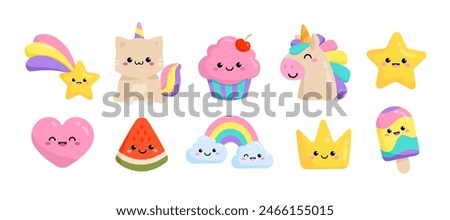 Pastel Pony Unicorn and funny Cat Unicorn with kawaii emoticons: cupcake, fulling star, rainbow, heart, happy crown icons set in soft colors for pajamas prints and greeting card, birthday party