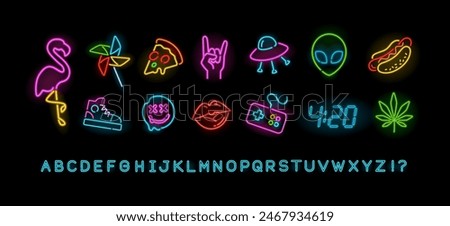 Fashion neon sign and icons set on black background.  Neon icons set of Pink Flamingo, UFO, gamepad, pizza, alien, hot dog. Neon night sign, glowing banner, logo for club or bar. Editable vector