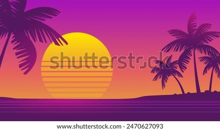 Retro futuristic sunset landscape background of 80-90s style with palms silhouette on the neon beach - cyberpunk vector dsgn for Synthwave music cover and surf party banner design