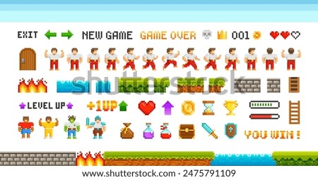 Retro Pixel Game trophy icons bundle and vector elements for adventure arcade level design. Level up hero character animation game design. Retro video game sprites 80s - 90s style. Perfect pixel dsgn