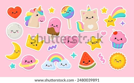 Pastel Pony Unicorn and funny Cat Unicorn with kawaii emoticons: cupcake, fulling star, rainbow, heart, happy crown icons set in soft colors for pajamas prints and greeting card, birthday party