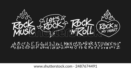 Set of Rock n Roll doodle typography with hand written type font. Rock Music quotes dsgn. Rock Party elements. Rock music signs for print tee and poster design (set 1)