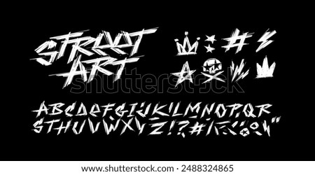 Street Art Graffiti grunge Font Type with Punk and Rock elements: rocker, crown, skull, star, flash for tee print and textile design