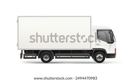 Side view Delivery Truck blank mockup. White Cargo Van with space for text or your branding design - realistic editable vector template isolated on white background. Horizontal blank for AD banner