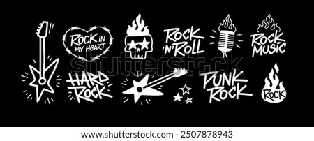 Rock Music Y2k Doodle style prints designs. Rock n Roll Party hand drawn icons set of rockers guitar, skull, fire or flame, microphone, etc. Punk Rock icons set for tee print and apparel design