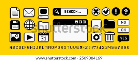 PC user interface icons in 90s pixel art style. Retro pixel video game style office and organizer App icons set, browser, Search bar, PC window, media player. Editable pixel vector