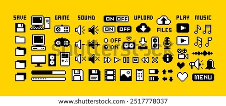 Perfect pixel icons of, media player buttons, PC computer icons, music notes, sound volume, scale, media. 8-bit Game icons and elements. Retro Game art. Isolated vector