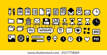 8-bit pixel graphics office icons set. Perfect pixel icons of, letter, folder, pixel font. Office organizer icons set of document, task, letter envelope. Retro game element. Isolated vector