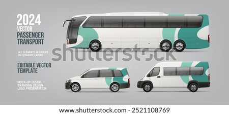 Side view Coach Bus, passenger Van and corporate Car mockup with abstract green branding design. Business passenger transport with abstract brand identity. Brandind bus. Editable vector template