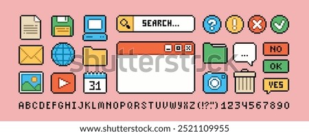 PC user interface icons in 90s pixel art style set 3. Retro pixel video game style office and organizer App icons set, calendar, Search bar, PC window, media player. Editable perfect pixel vector