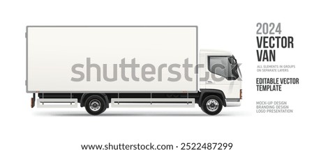 Long Delivery Truck Side view on white background. White Cargo Van with space for text or your branding design - realistic editable vector. Horizontal blank for AD banner and advertesment on vehicle