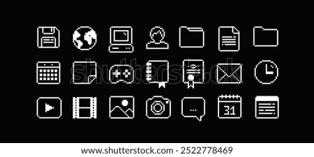 PC interface icons in 90s pixel art style (4). Retro pixel video game style office and organizer App icons set, calendar, gamepad, PC icon, file folder, media player. Editable pixel vector