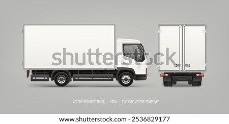 Box Truck Side view and Rear with space for text or your branding design - editable vector template. Realistic White Delivery Truck or Van blank mockup. Back View Delivery Van