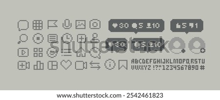 Pixel app icons set of social networks. Monochrome Interface navigation and app icons in 8-bit retro game. Pixel social media icons set of likes, dislikes and followers, commet silhouette pixel vector