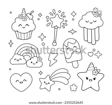 Set of funny Kawaii characters Baby Unicorn cupcake, ice cream, happy star, magic wand, rainbow cloud - cartoon Сoloring page vector template