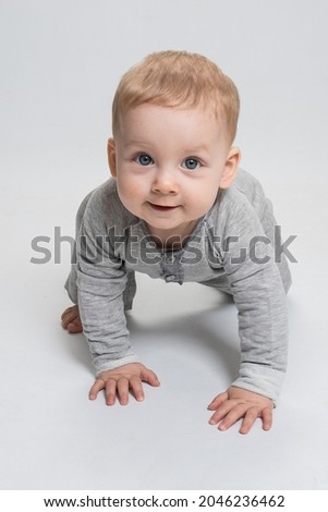 Cute baby crawling on white studio background, looking at you, smiling. Child is dressed in gray jumpsuit. Blond caucasian boy with blue eyes smiles cheerfully. Eye contact. Advertising baby concept. ストックフォト © 