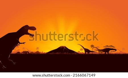 Vector illustration of dinosaurs with volcano background. The prehistoric landscape