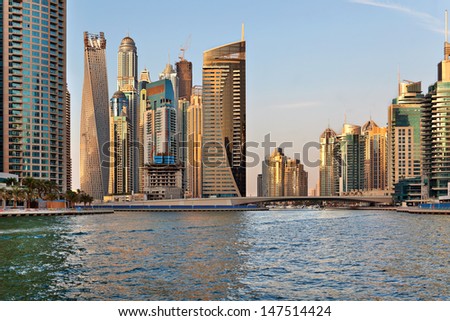 DUBAI, UAE - OCTOBER 23: View of the region of Dubai - Dubai Marina is an artificial canal city, carved along a two mile (3 km) stretch of Persian Gulf shoreline on october 23, 2012 in Dubai, UAE
