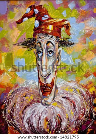 The clown with the extended person, drawn by oil on a canvas