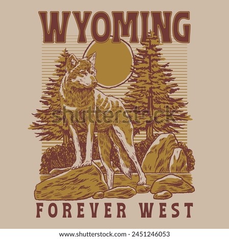 HAND DRAWN WYOMING WOLF USA AMERICA NATURE ANIMAL TRAVEL DESTINATION FOREST MOUNTAIN OUTDOORS VINTAGE TSHIRT TEE PRINT FOR APPAREL MERCHANDISE