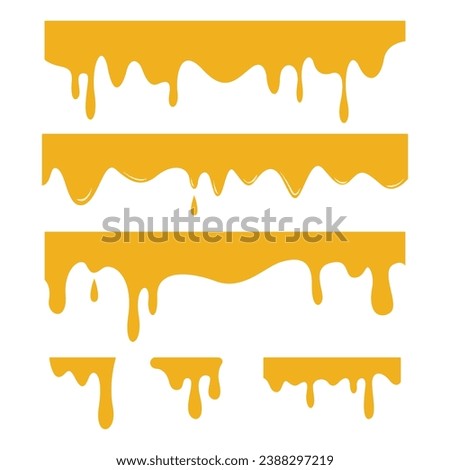 Dripping honey set elements isolated on white background. Honey liquid drips Vector illustration. Golden flow syrup, healthy fluid.