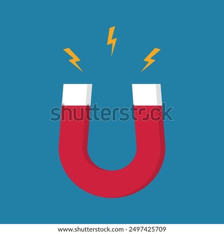 Magnet with lightning vector on blue background. Red horseshoe magnet with magnetic power sign