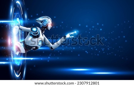 Digital technology hologram with robot in cyberspace.
Artificial intelligence with robot or cyborg woman. Sci-fi digital hi-tech in glowing HUD projector. Magic gate in game fantasy. Vector EPS10.