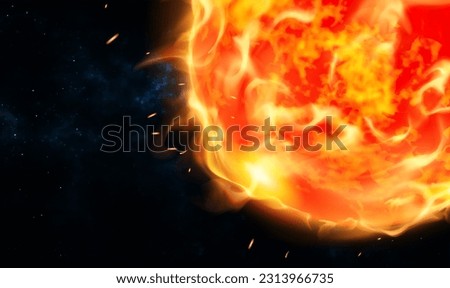 Red giant burning sun in outer space with solar flare, abstract science background. Splashes of prominences, hot sun flares on the star surface. Science illustration. Sun. Global warming. Vector EPS10
