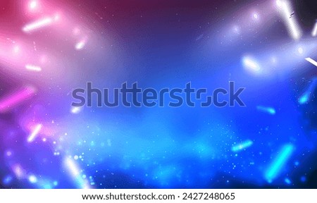 Empty background scene with spotlights and sparkling confetti. Show stage backdrop with spotlight effect. Rays through the fog. Smoke, fog. Motion futuristic background with particles. Vector EPS10.